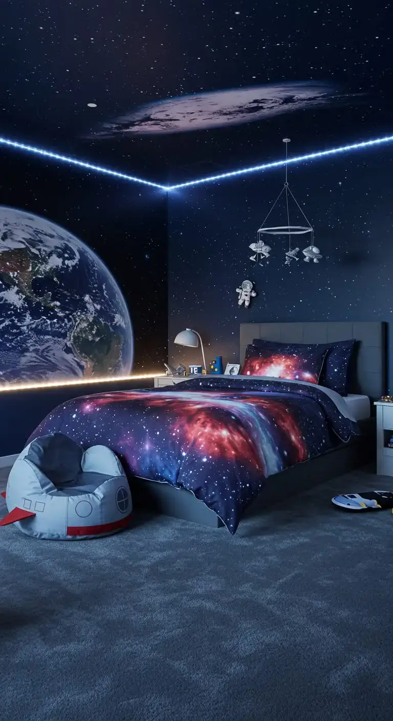 25 Space Themed Bedroom Ideas For Boy Toddlers You’ll Love 6 4. Space-Themed Bedding