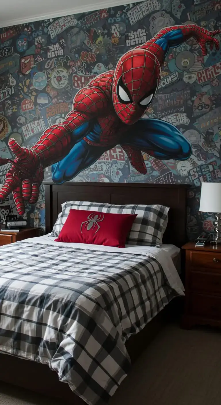 23 Spider Man Bedroom Ideas That Feel Bold and Playful 6 4. Superhero Wall Art
