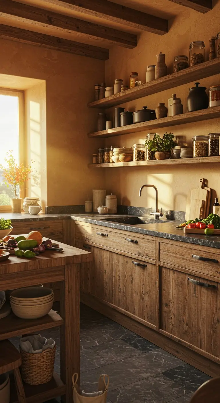 11 Earthy Kitchen Ideas to Warm Up Your Home 6 4. Use Open Shelving with Organic Materials