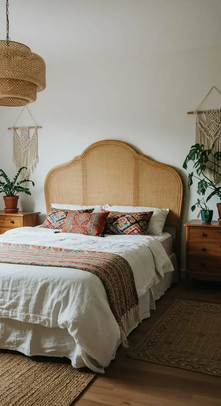 23 Boho Bedroom Headboard Ideas That Feel Warm & Stylish 6 4. Woven Cane Headboard for a Breezy Aesthetic