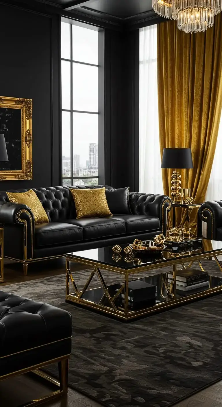 Black Living Room Ideas to Transform Your Space 8 5. Black and Gold Luxury