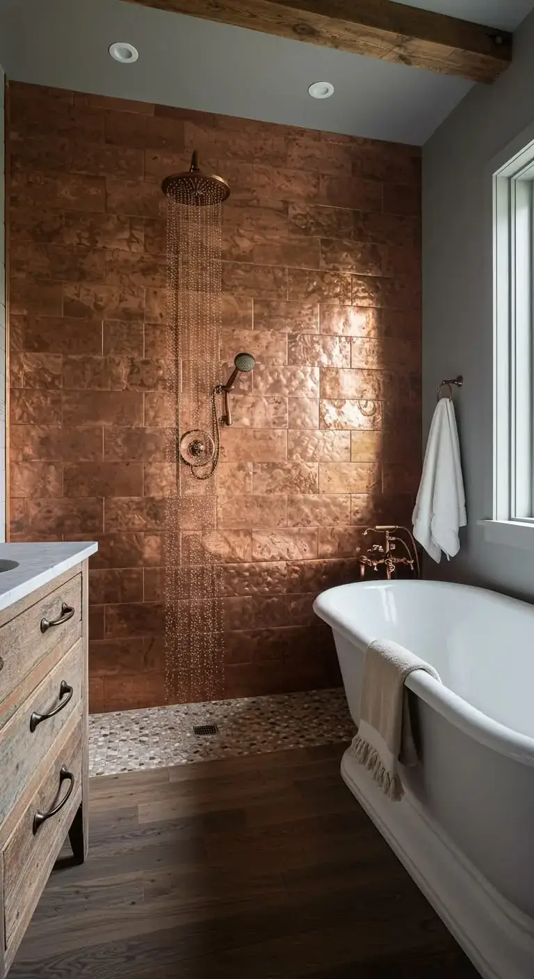 15 Simple & Stunning Rustic Bathroom Backsplash Ideas 8 5. Copper Tile Backsplash