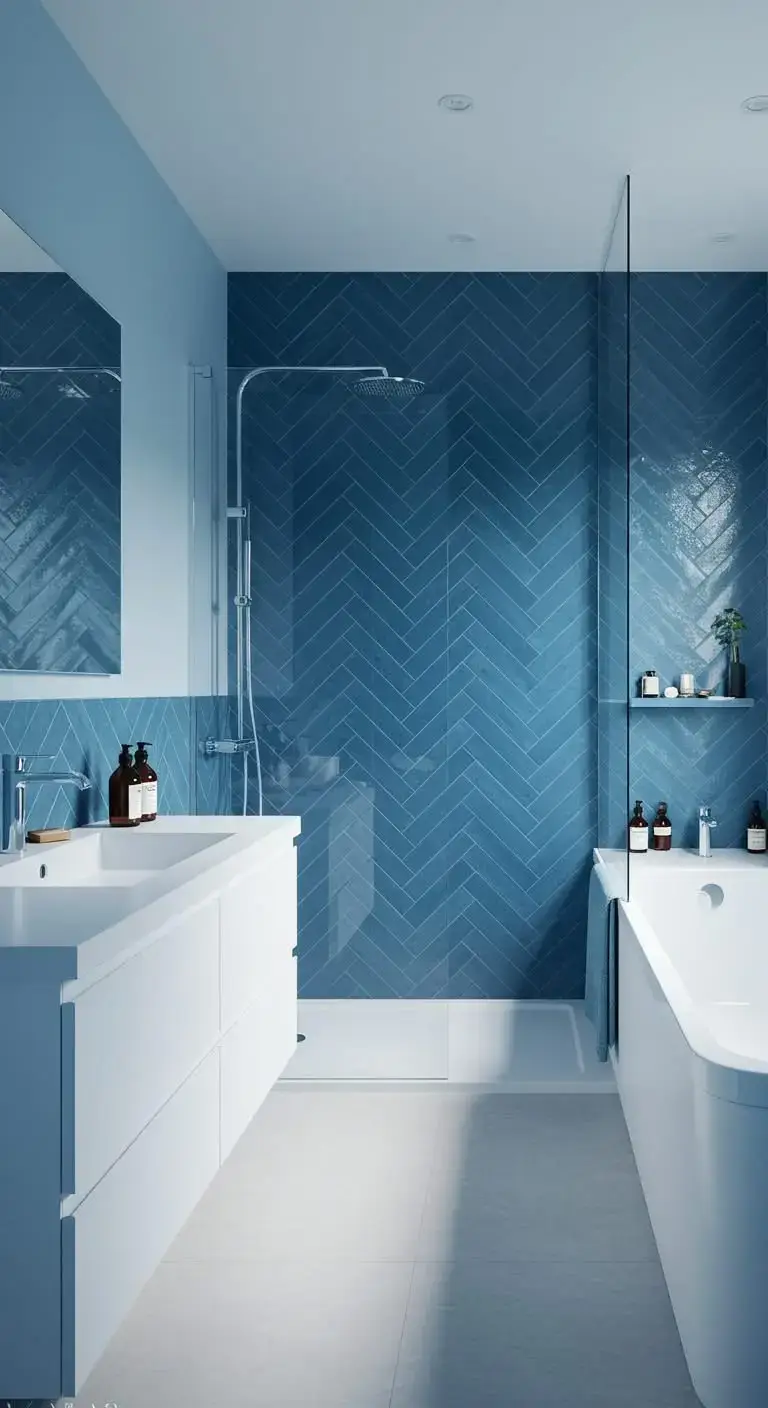 13 Simple & Stunning Blue Bathroom Backsplash Ideas 8 5. Deep Blue Chevron Tile Backsplash