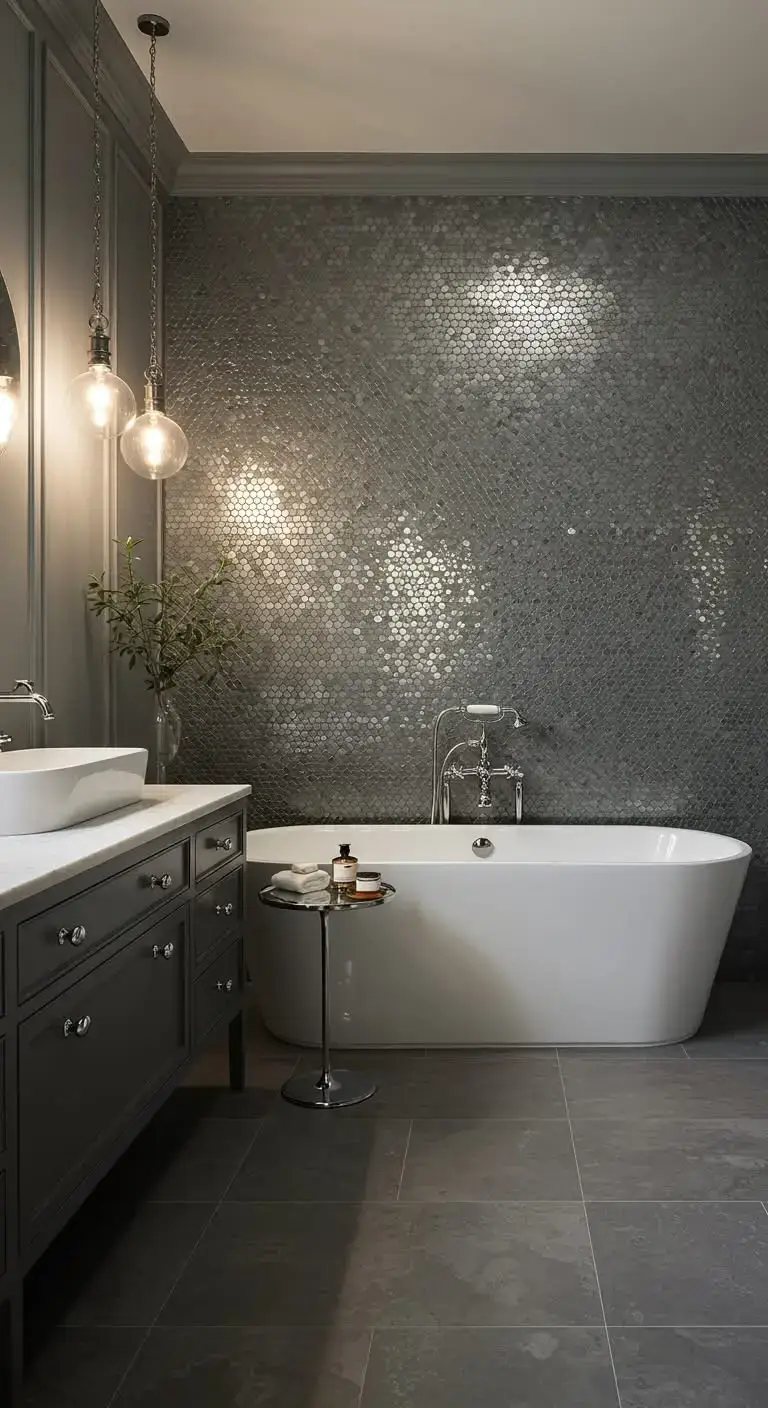 15 Stylish Gray Bathroom Backsplash Ideas 8 5. Glossy Gray Penny Tile Backsplash