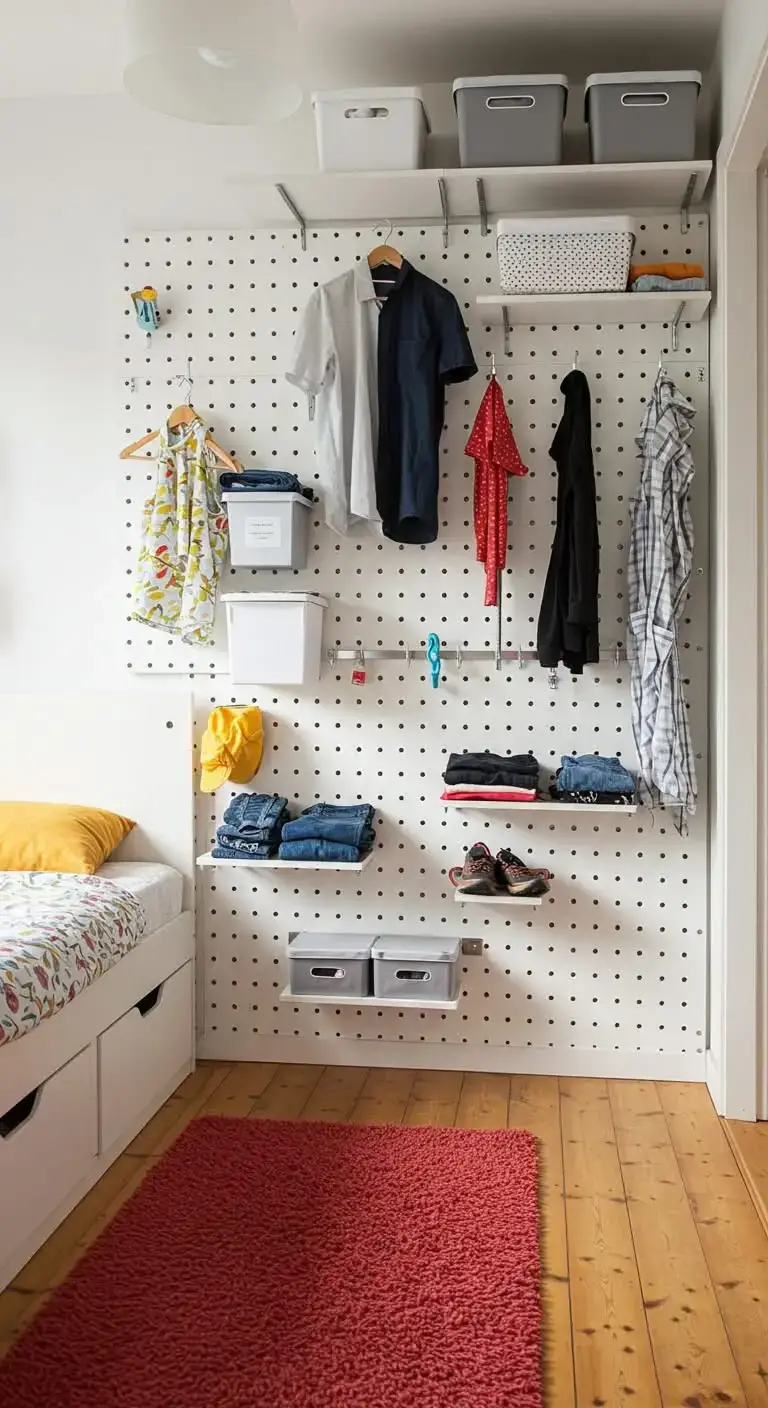 17 Small Bedroom Storage Ideas That Are Simple and Stylish 7 5. Hang Hooks and Pegboards