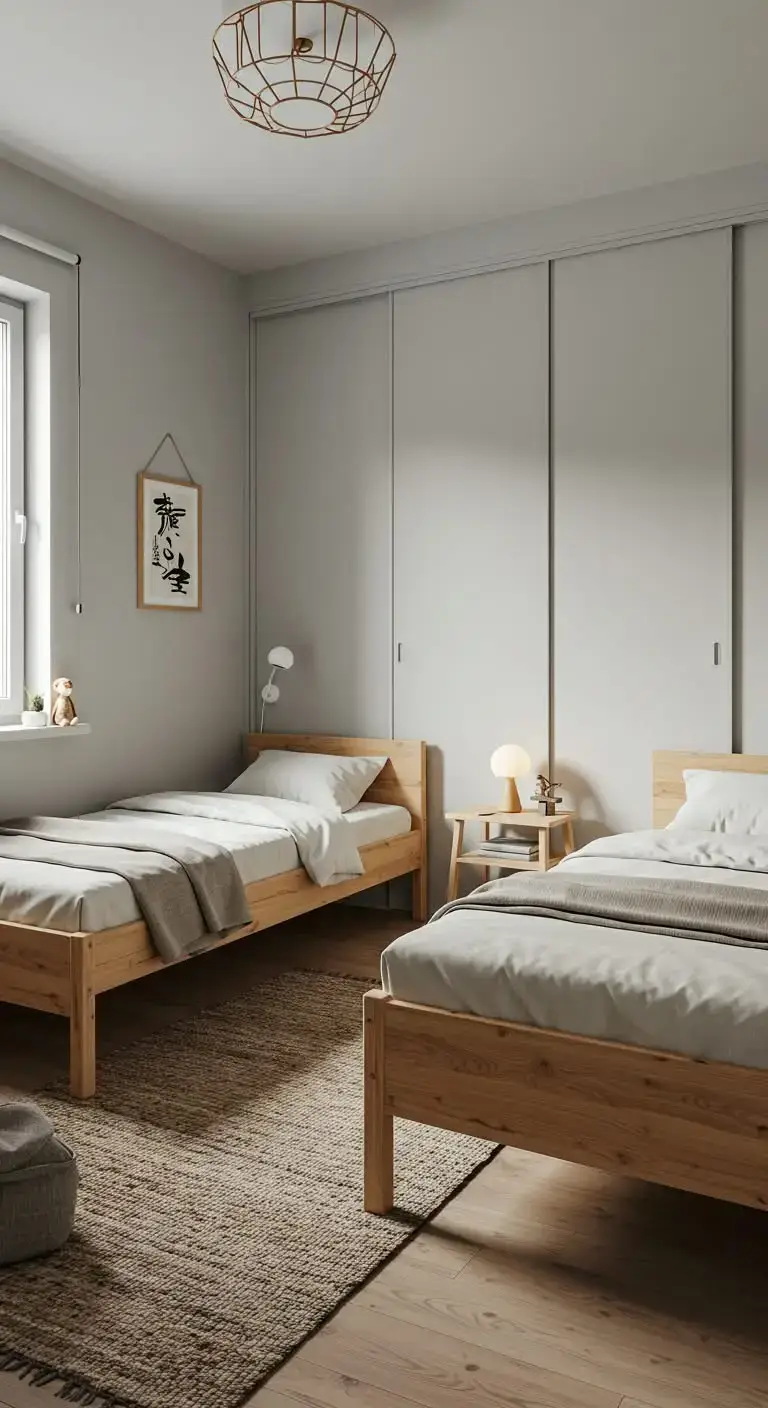 19 Small Shared Bedroom Ideas That Feel Calm and Organized 7 5. Incorporate Japandi-Inspired Minimalism