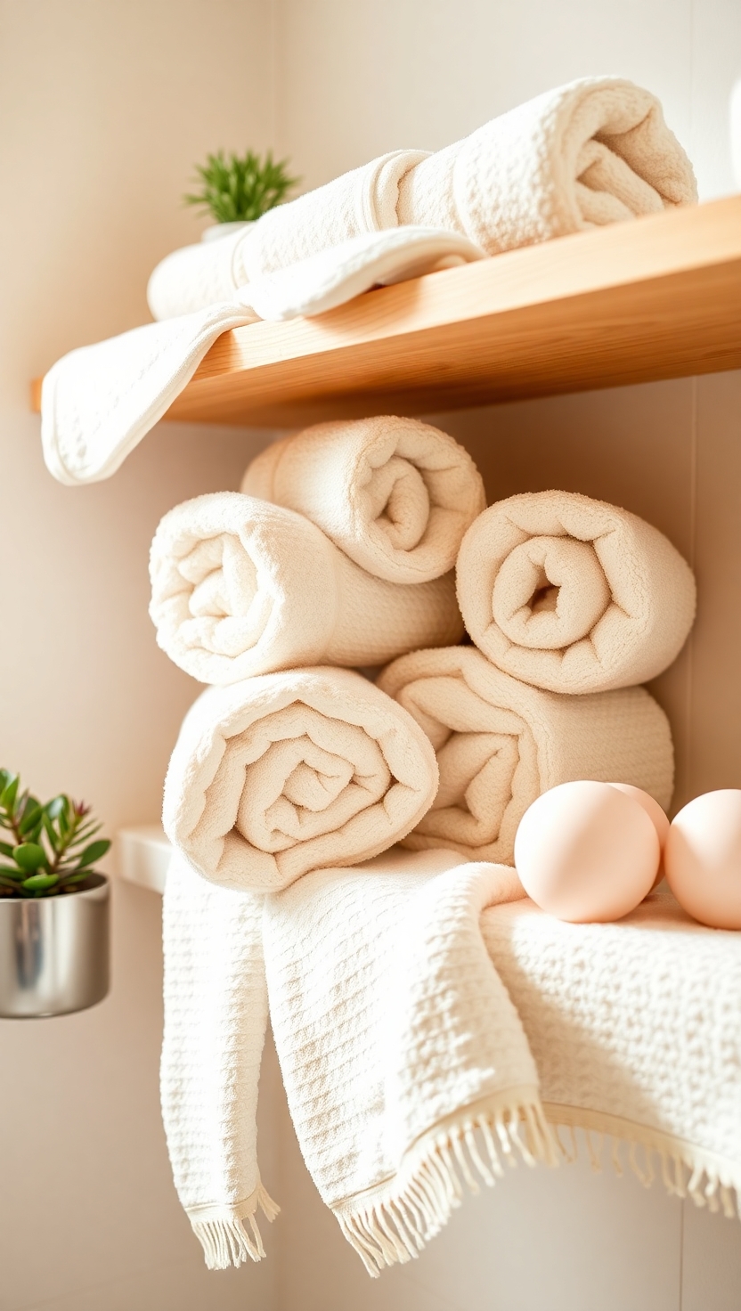 19 Bathroom Shelf Decor Ideas for a Stylish Space 7 Rolled-Up Hand Towels