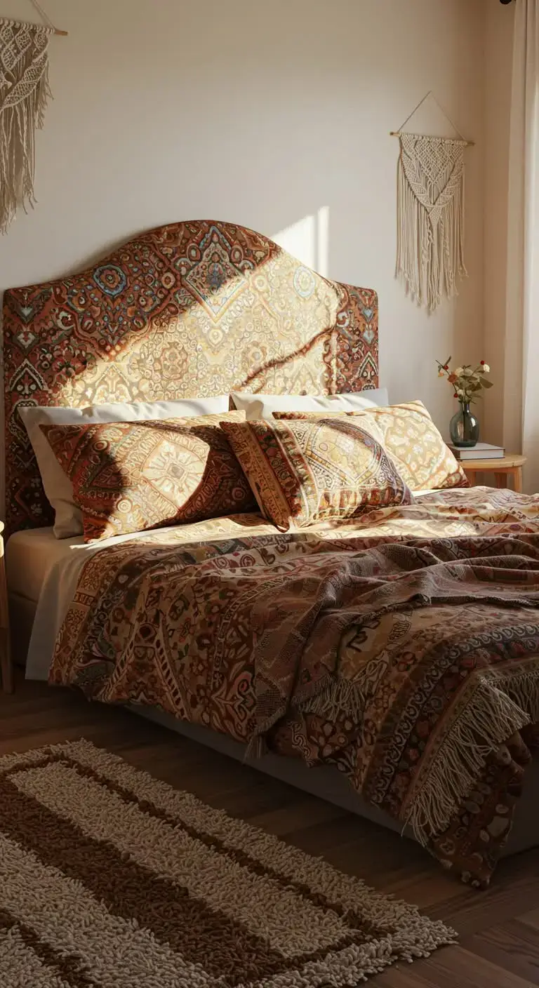 23 Boho Bedroom Headboard Ideas That Feel Warm & Stylish 7 5. Upholstered Headboard with Boho Patterns