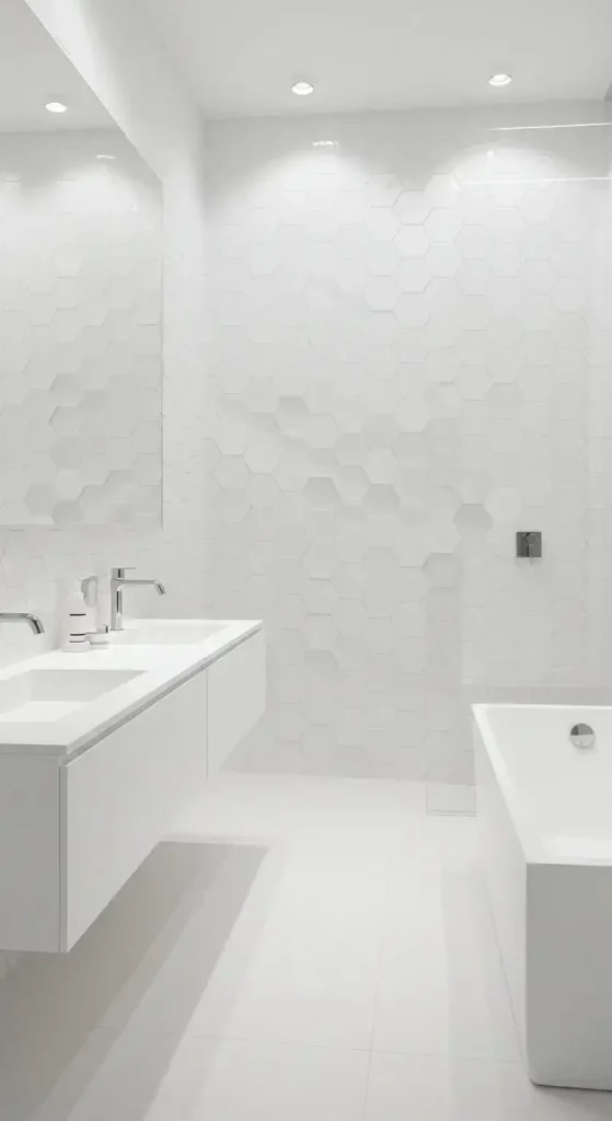 15 Simple & Stunning White Bathroom Backsplash Ideas 5 5. White Hexagon Tile Backsplash