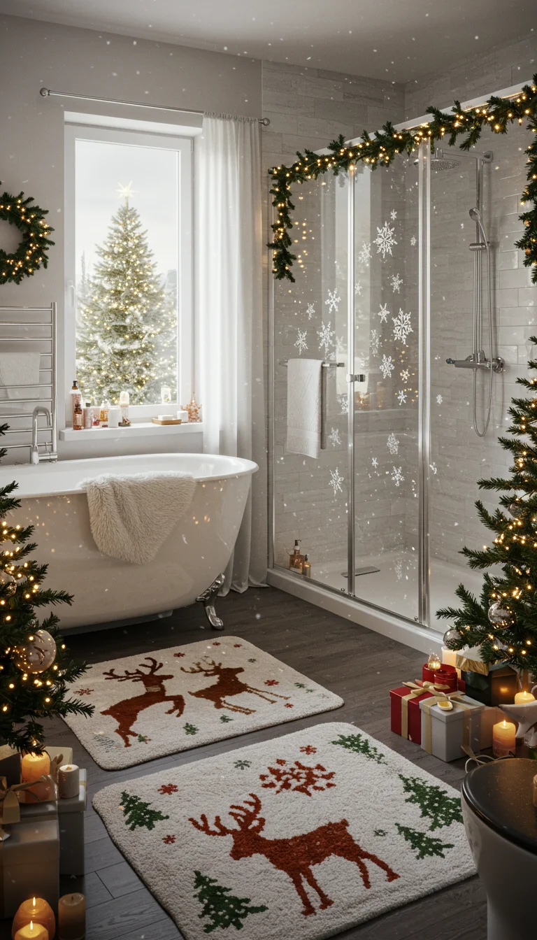 13 Simple & Stunning Christmas Bathroom Decor Ideas 8 5. Winter-Themed Bath Mats and Rugs
