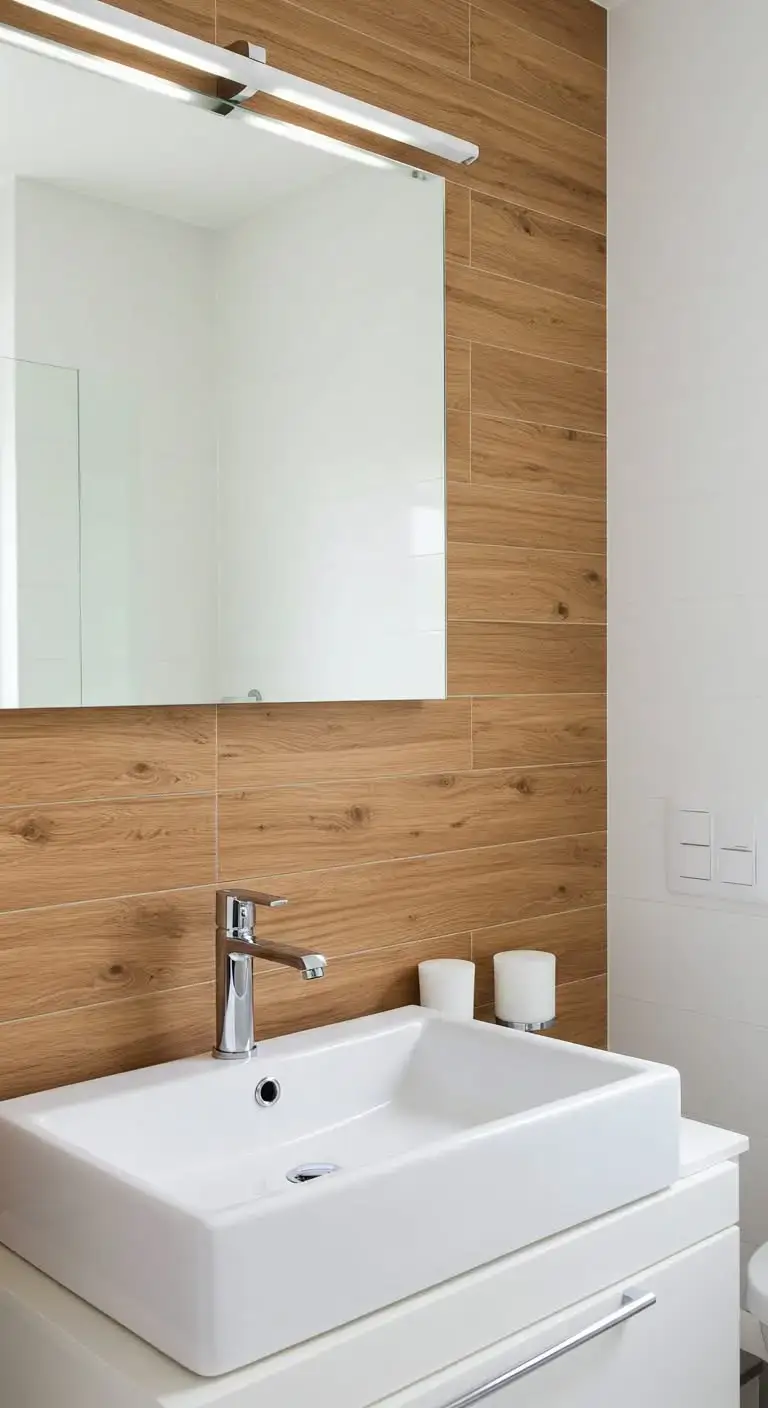 15 Easy Bathroom Backsplash Ideas Peel and Stick for Quick Upgrades 7 5. Wood-Look Peel and Stick Backsplash