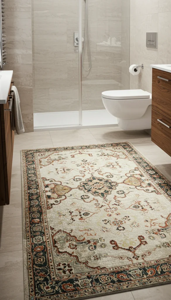 15 Gorgeous Bathroom Decoration Ideas to Elevate Your Space 6 6. Add a Stylish Rug