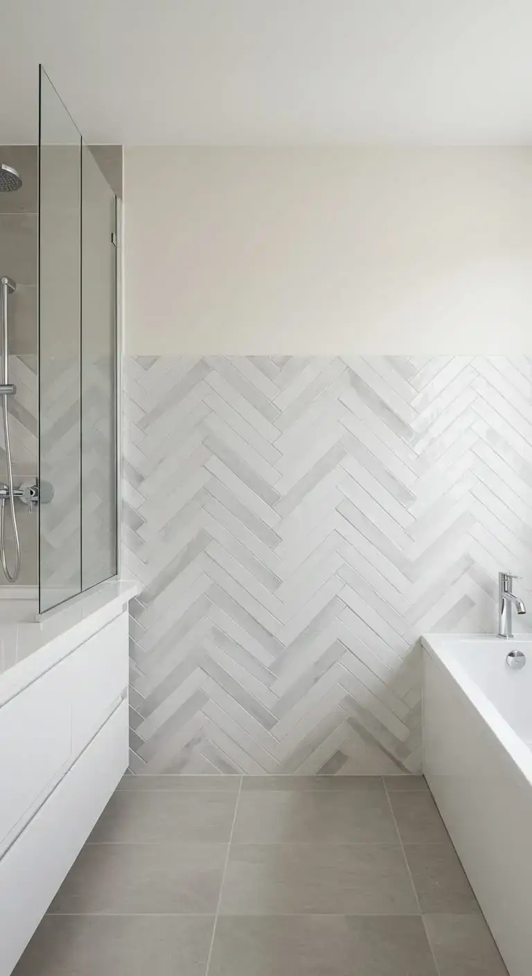 15 Half Wall Bathroom Backsplash Ideas for a Chic Look 9 6. Chevron Pattern Half Wall Backsplash