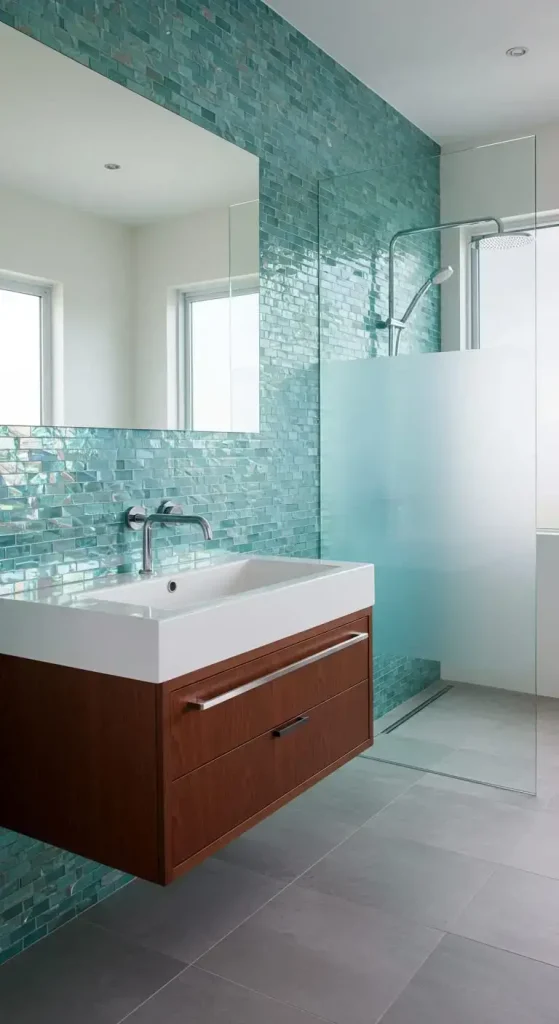 13 Bathroom Backsplash Ideas for a Fresh Look 6 6. Glass Tile Backsplash