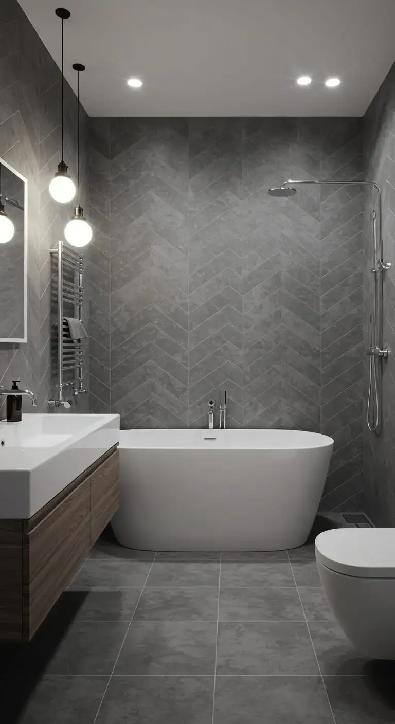 15 Stylish Gray Bathroom Backsplash Ideas 9 6. Gray Chevron Tile Backsplash