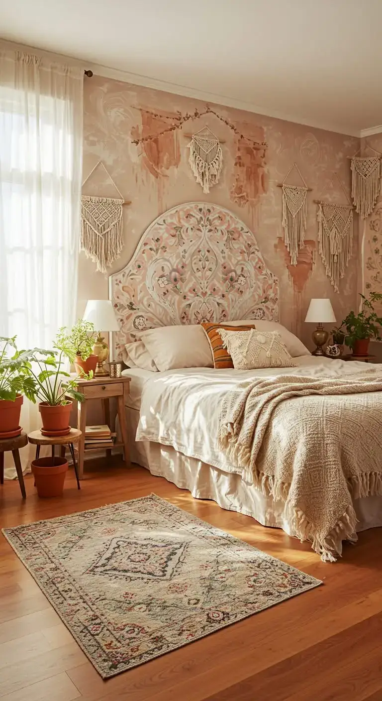 23 Boho Bedroom Headboard Ideas That Feel Warm & Stylish 8 6. Hand-Painted Headboard for an Artistic Touch