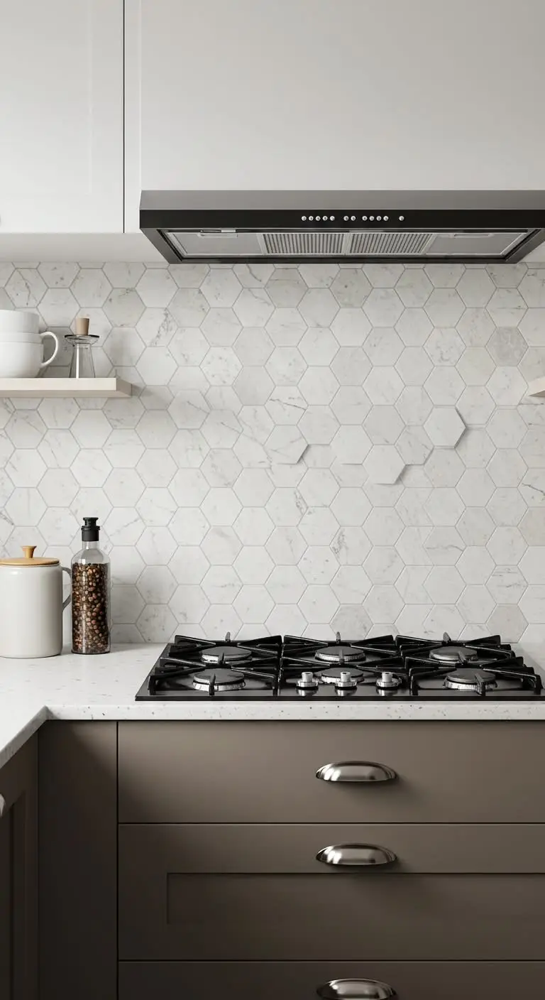 13 Stunning Kitchen Backsplash Ideas for White Cabinets 9 6. Hexagon Tile Backsplash for a Modern Twist