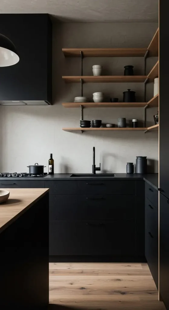 21+ Black Japandi Kitchen Design Ideas 6 6. Incorporate Open Shelving