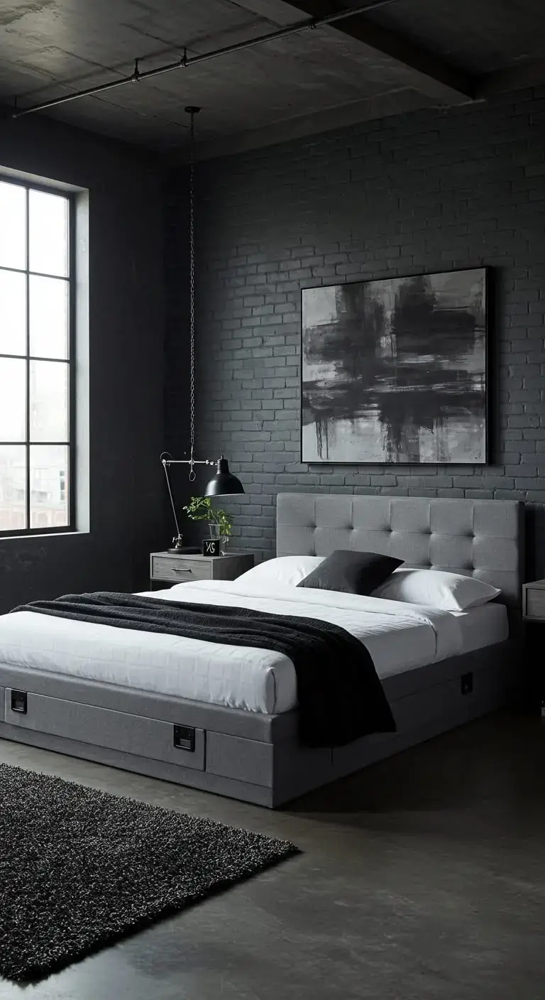 Stylish Gray Bedroom Ideas for a Cozy Look 9 6. Industrial Gray for a Loft-Style Bedroom