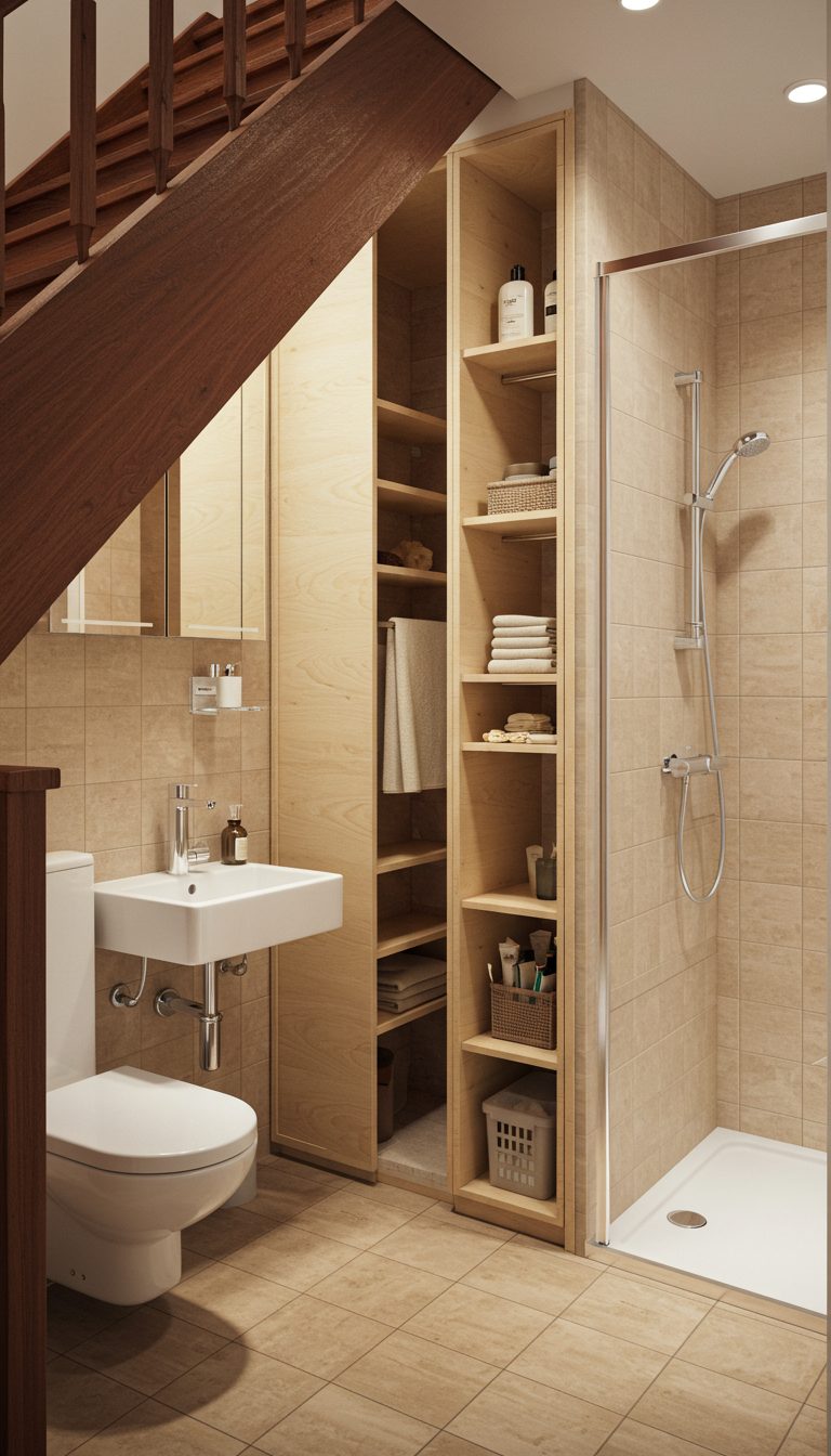 21 Small Bathroom Under Stairs Ideas That Maximize Space 8 Maximize Vertical Storage