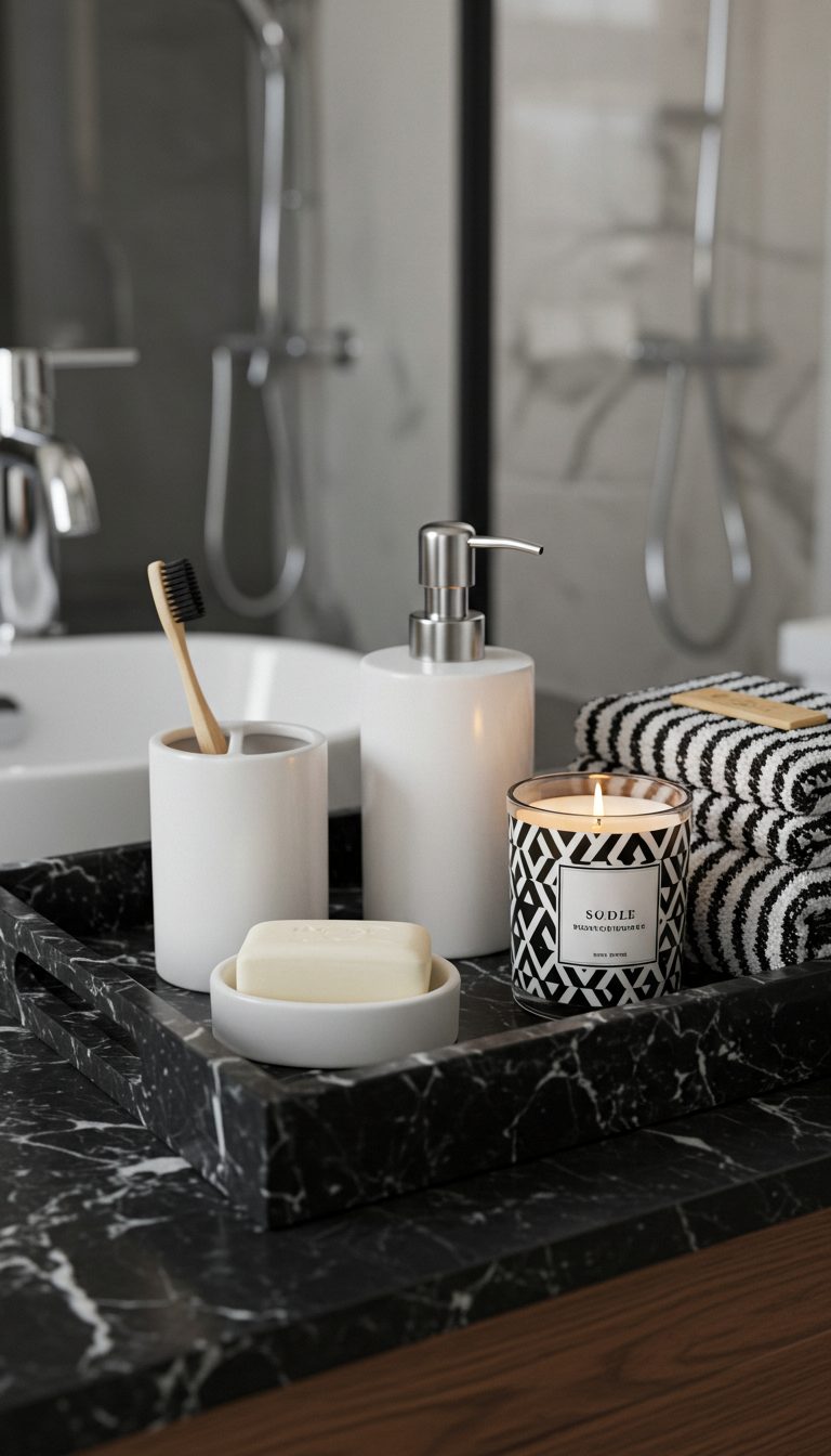 23 Bathroom Tray Decor Ideas for a Clean, Stylish Look 8 Modern Black and White Theme