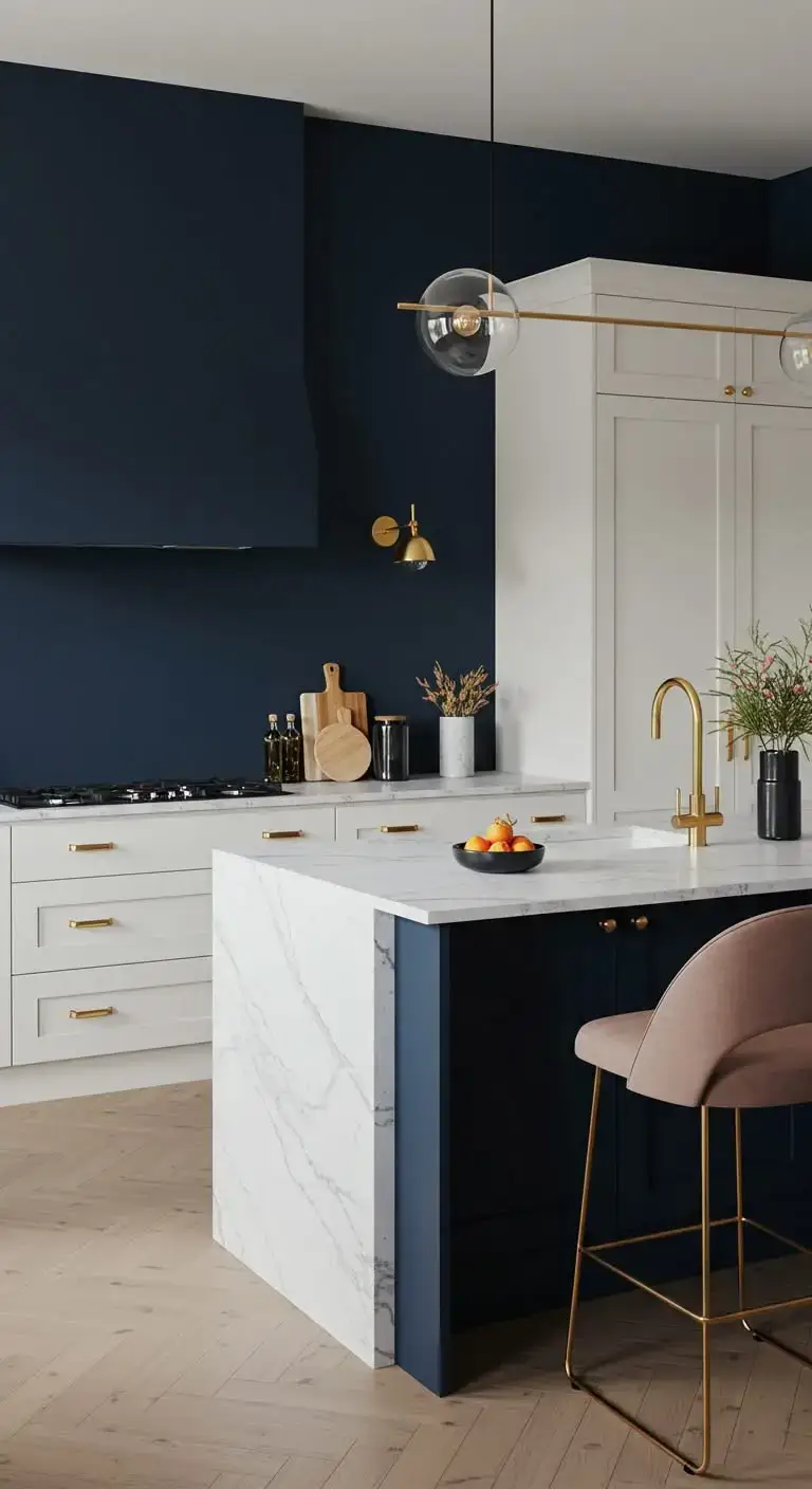 15 Modern Kitchen Accent Wall Ideas for a Sleek Look 9 6. Navy Blue Wall with Gold Fixtures