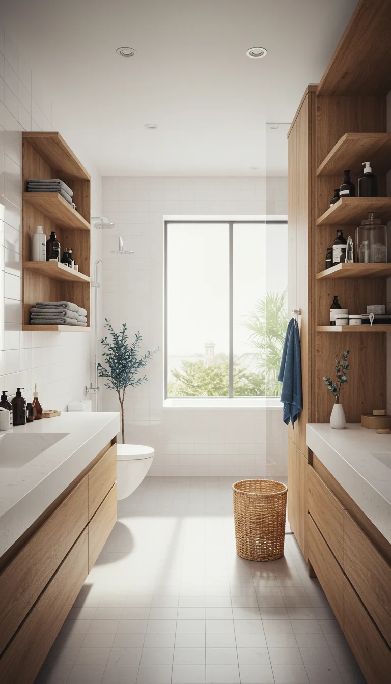 15 Simple + Chic Bathroom Design Interior Ideas 8 6. Open Shelving for Storage