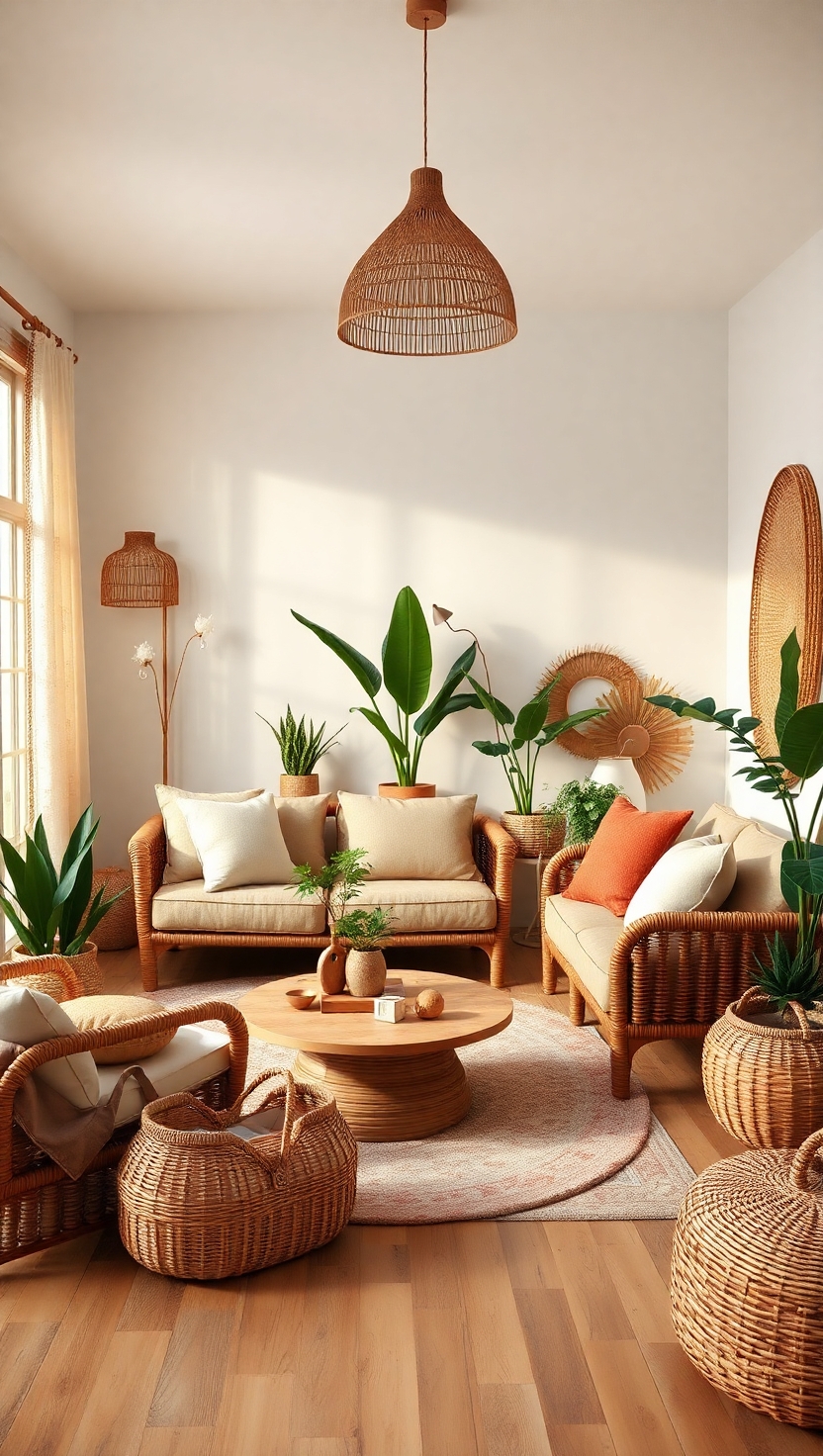 25 Boho Living Room Ideas to Transform Your Space 7 Rattan and Wicker Accents
