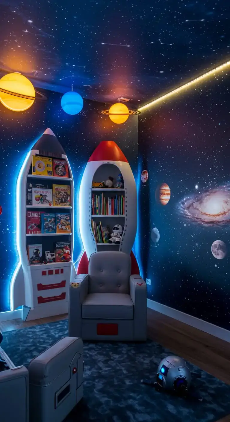 25 Space Themed Bedroom Ideas For Boy Toddlers You’ll Love 8 6. Space-Themed Bookshelf