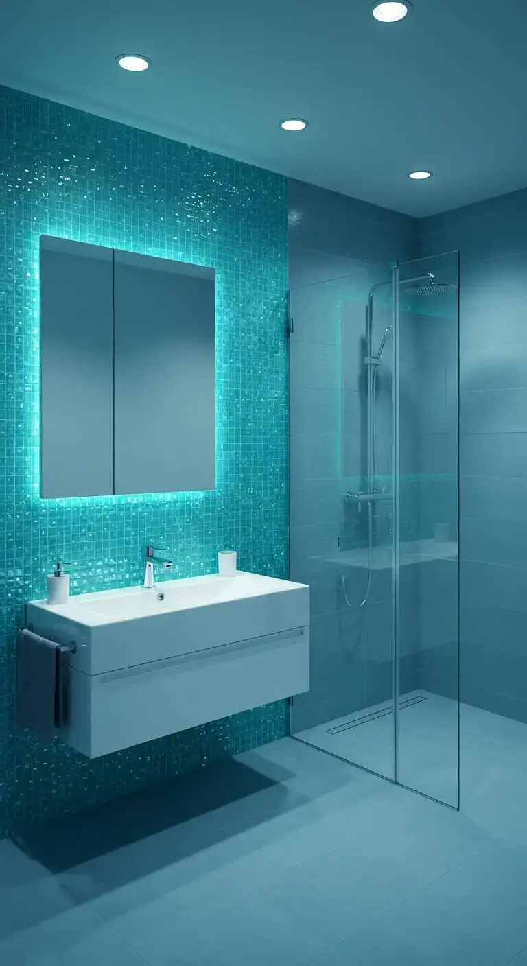 13 Simple & Stunning Blue Bathroom Backsplash Ideas 9 6. Turquoise Glass Tile Backsplash