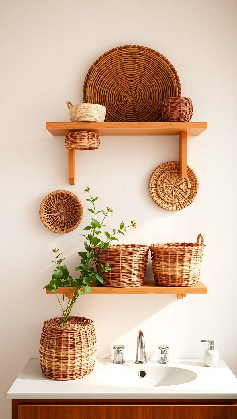 19 Bathroom Shelf Decor Ideas for a Stylish Space 8 Woven Baskets