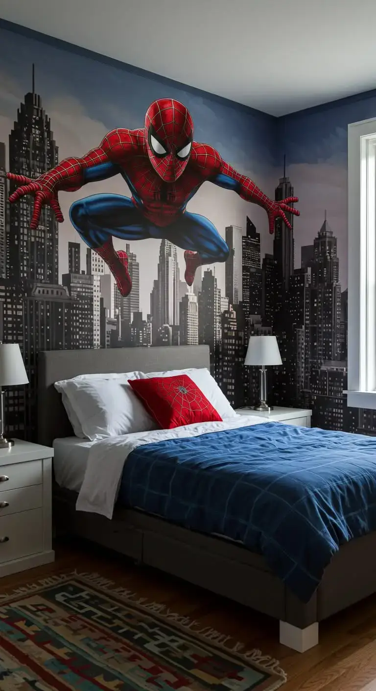 23 Spider Man Bedroom Ideas That Feel Bold and Playful 9 7. Cityscape Wall Design