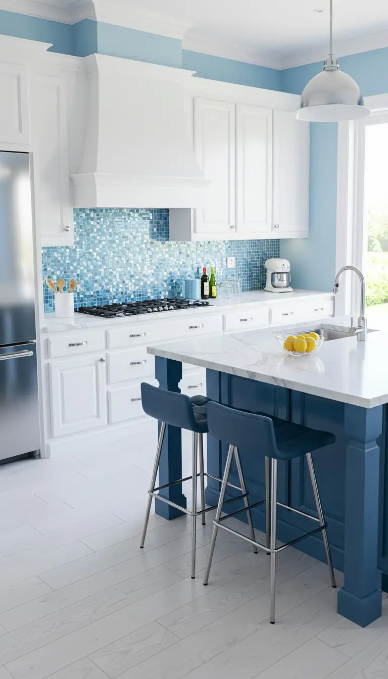 21 Creative Kitchen Color Schemes for Every Style 9 7. Cool Blue and White