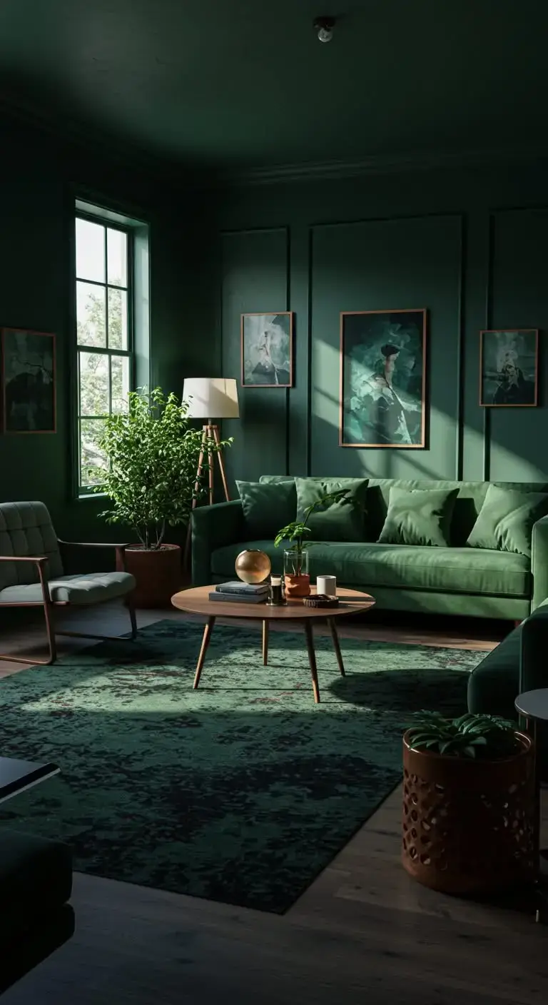Inspiring Green Living Room Ideas You’ll Love 10 7. Dark Green for a Moody Aesthetic