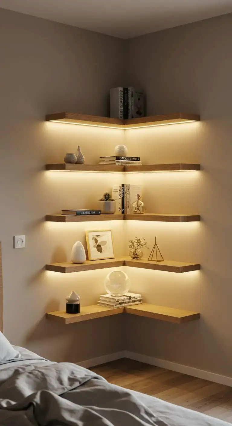 Empty Bedroom Corner Ideas: 19 Ways to Fill the Space 9 7. Floating Shelves for Storage and Decor