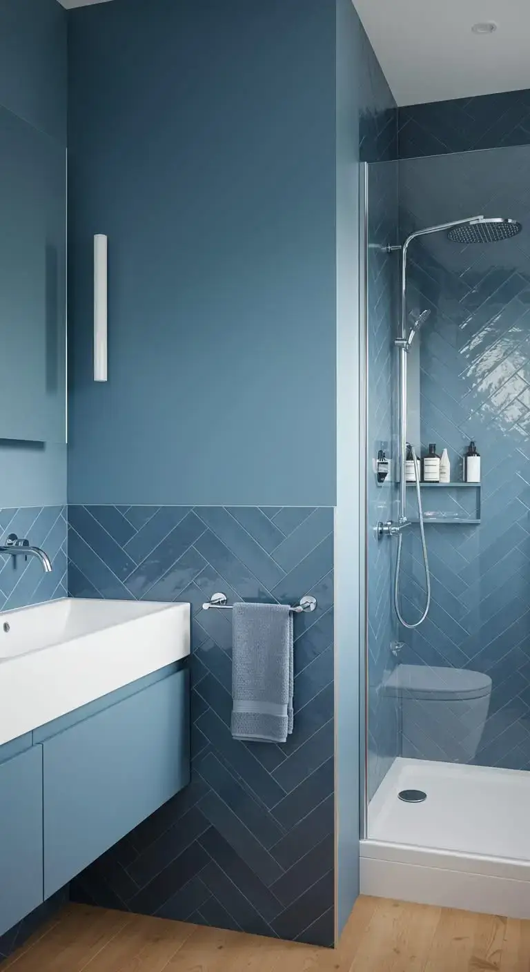 13 Simple & Stunning Blue Bathroom Backsplash Ideas 10 7. Matte Blue Herringbone Tile Backsplash