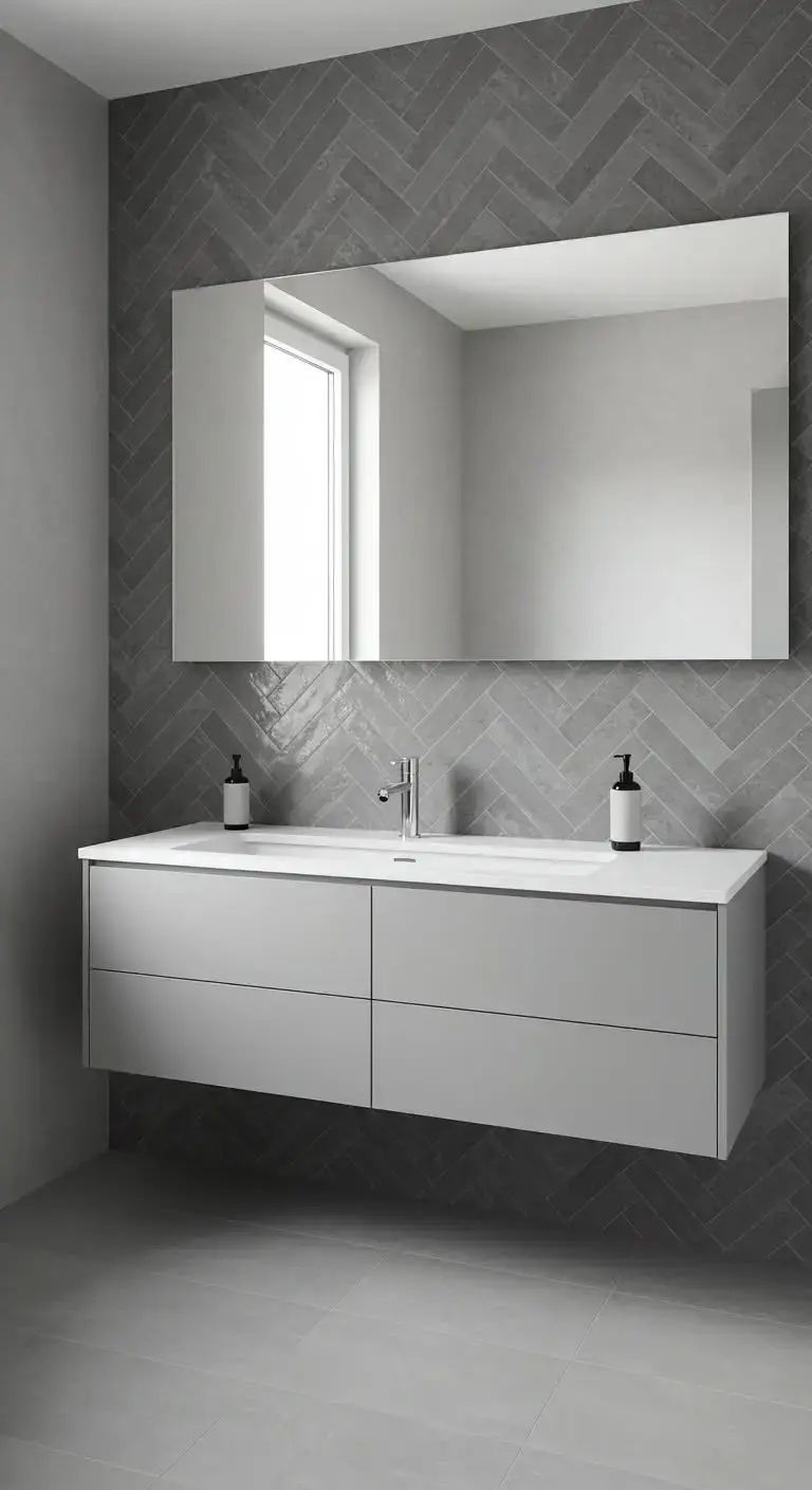 15 Stylish Gray Bathroom Backsplash Ideas 10 7. Matte Gray Herringbone Tile Backsplash