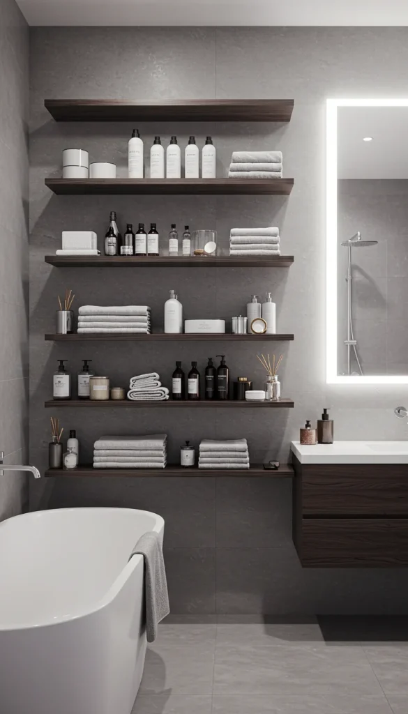 15 Gorgeous Bathroom Decoration Ideas to Elevate Your Space 7 7. Maximize Storage with Floating Shelves