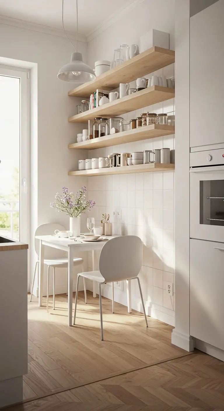 17 Simple & Stunning Small Kitchen Dining Area Ideas 9 7. Maximize Vertical Space with Shelving