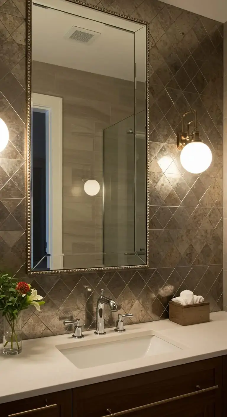 13 Creative Bathroom Backsplash Ideas Behind Mirror for a Stylish Touch 9 7. Metallic Tile Backsplash