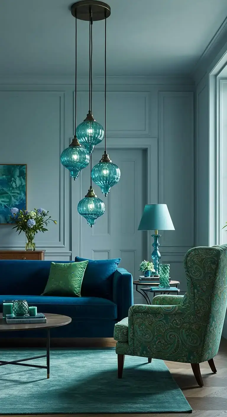 Blue and Green Living Room Ideas: 23 Stylish Looks 10 7. Statement Lighting in Blue and Green Tones