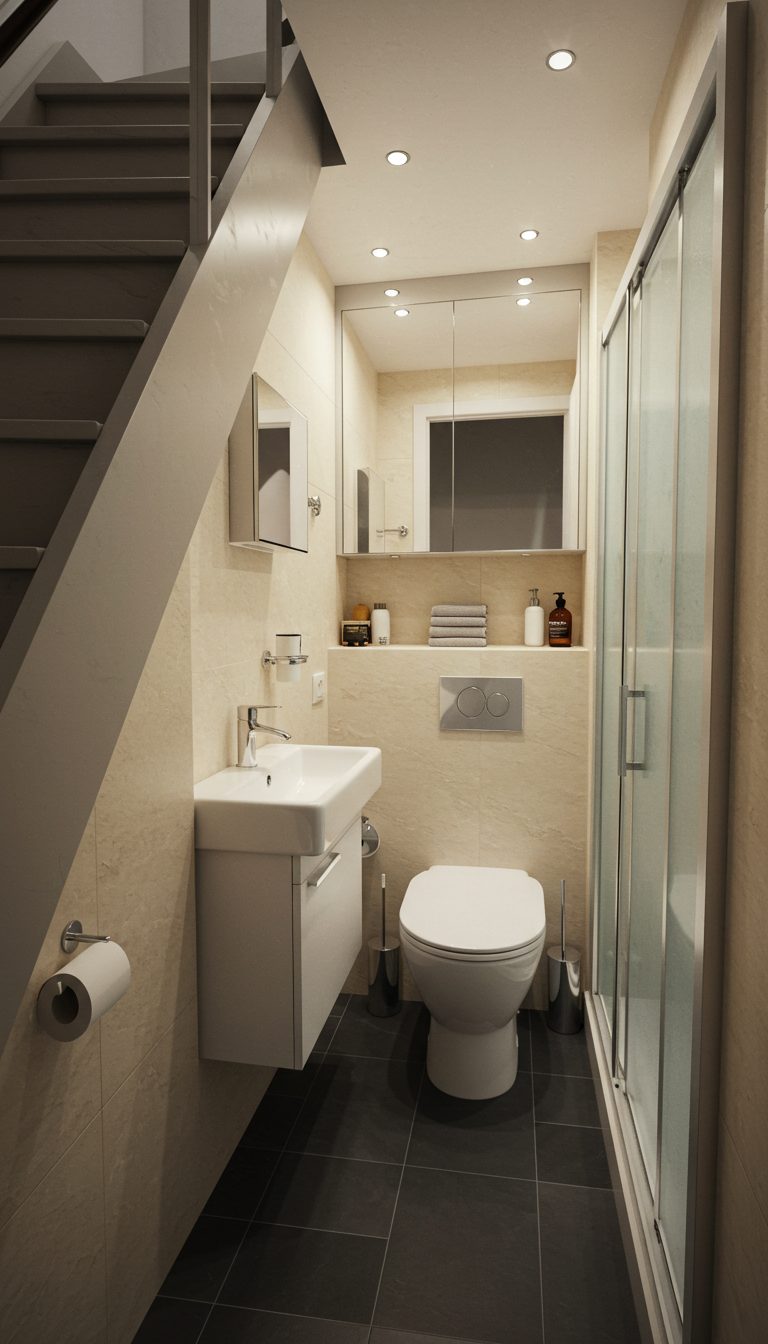 21 Small Bathroom Under Stairs Ideas That Maximize Space 9 Use Mirrors to Create Depth