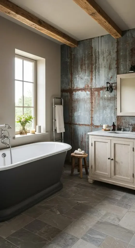 15 Simple & Stunning Rustic Bathroom Backsplash Ideas 7 7. Weathered Metal Backsplash