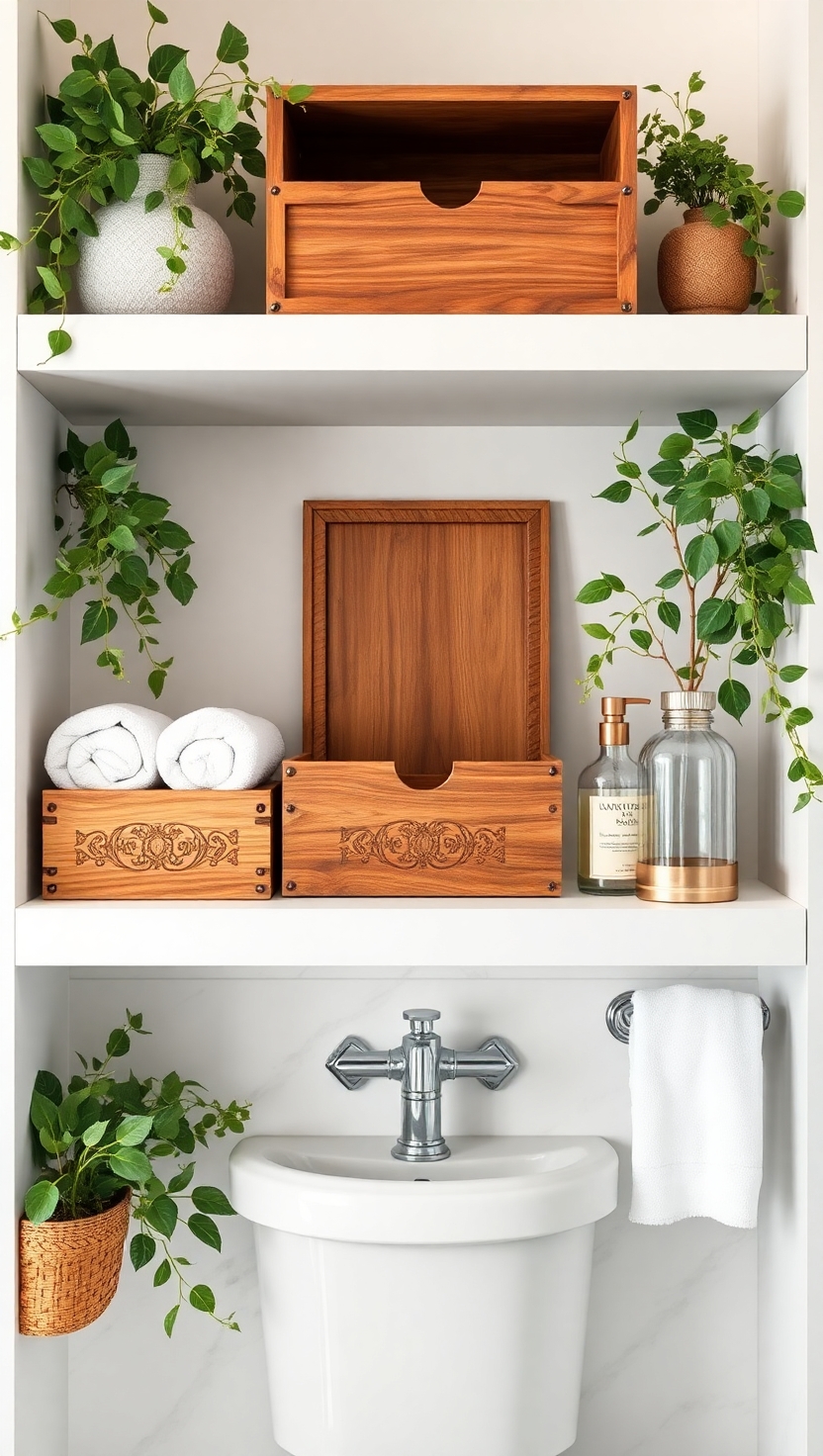 19 Bathroom Shelf Decor Ideas for a Stylish Space 9 Wooden Storage Boxes