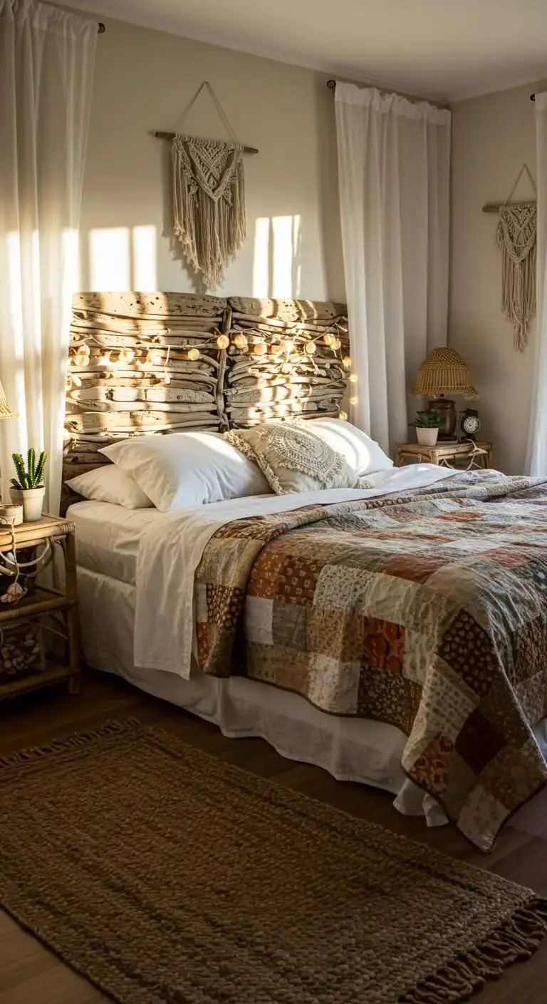 23 Boho Bedroom Headboard Ideas That Feel Warm & Stylish 10 8. Driftwood Headboard for Coastal Boho Vibes