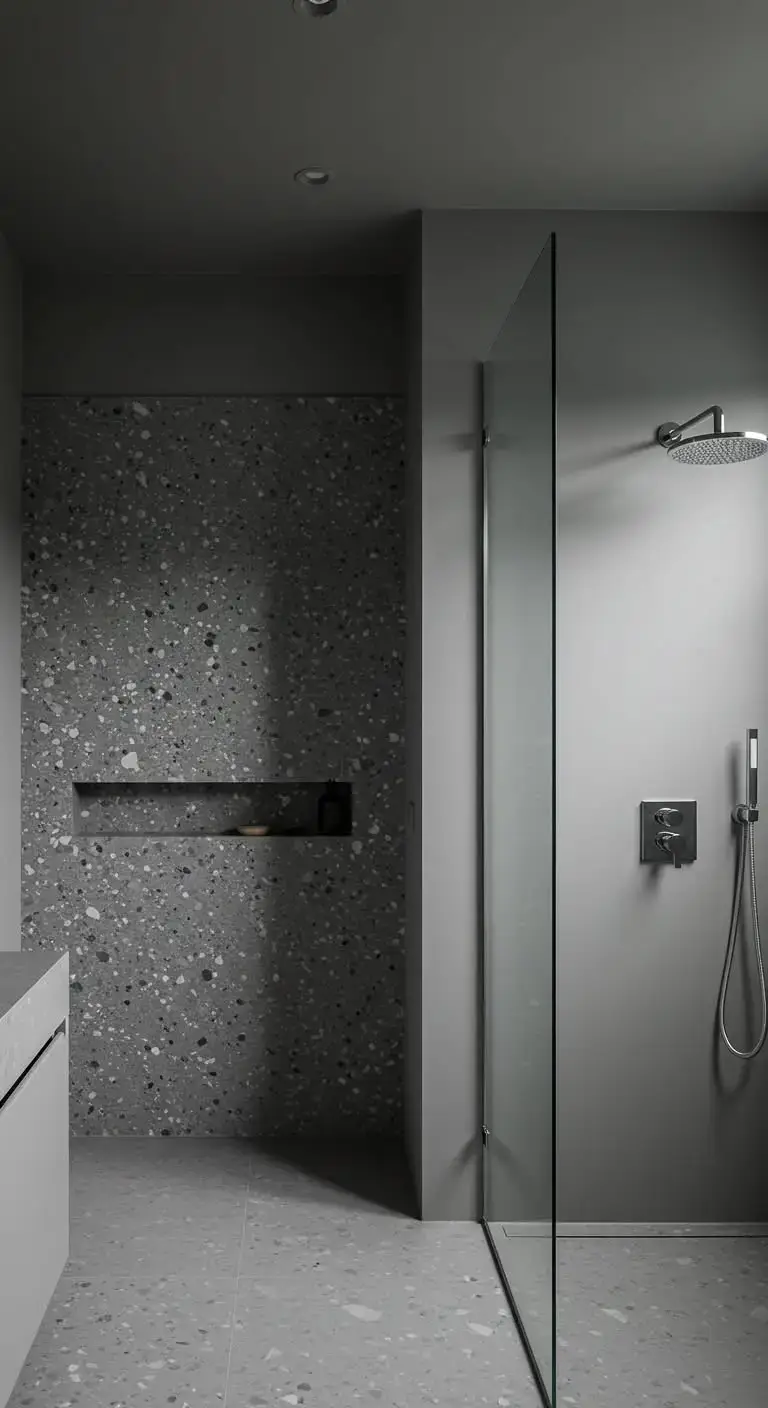 15 Stylish Gray Bathroom Backsplash Ideas 11 8. Gray Terrazzo Backsplash