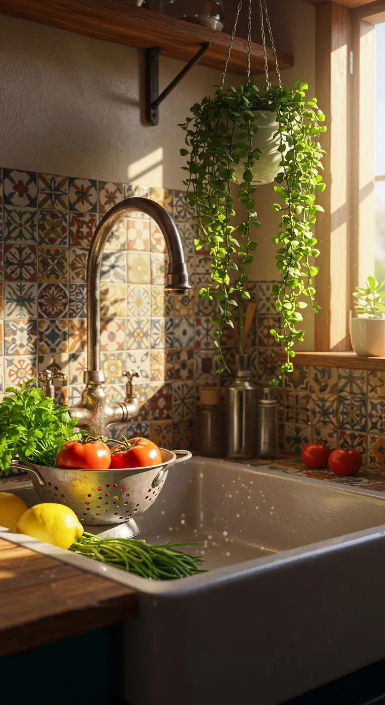 16 Bohemian Kitchen Sink Inspirations to Try 10 8. Hanging Plants and Greenery