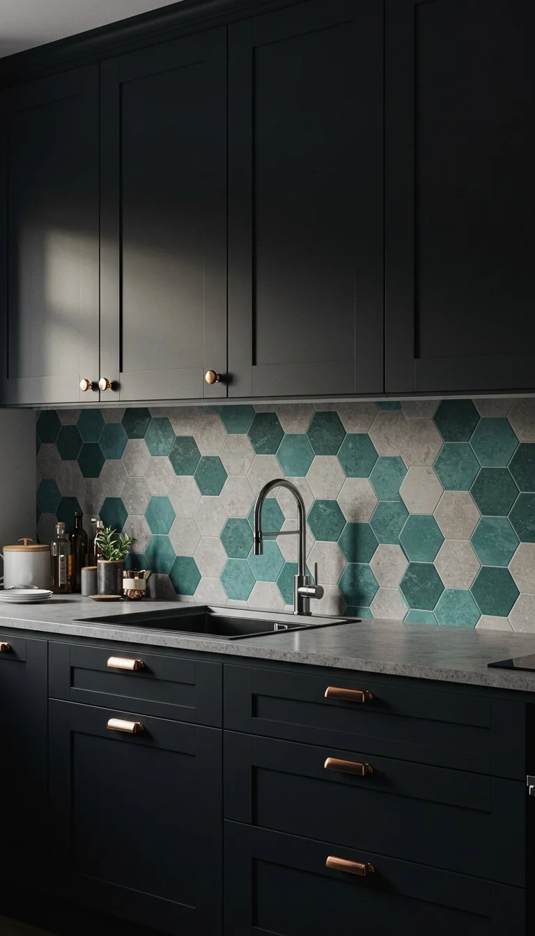 17 Stunning Backsplash Ideas for Dark Cabinet Kitchens 10 8. Hexagonal Tiles for a Trendy Edge