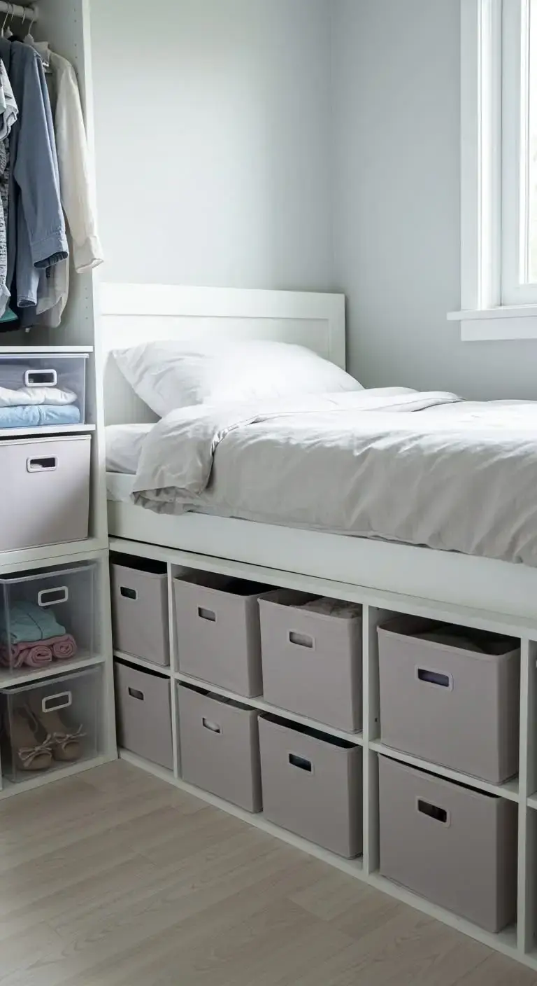 17 Small Bedroom Storage Ideas That Are Simple and Stylish 10 8. Invest in Stackable Storage Bins
