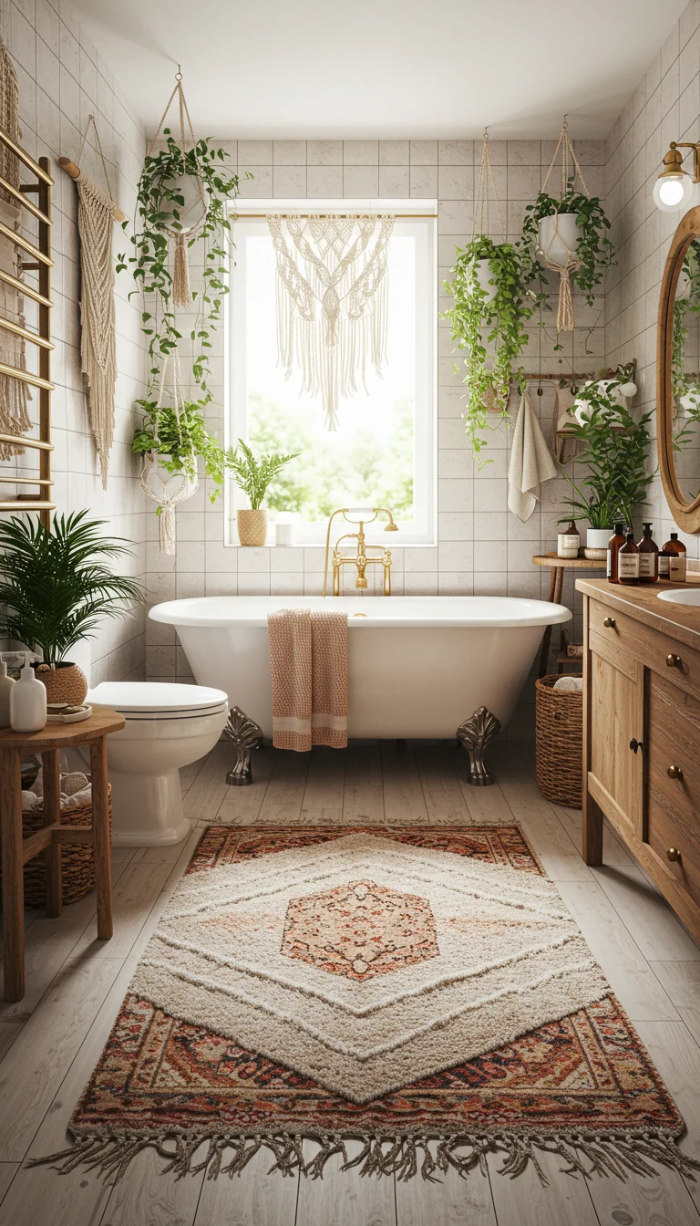 15 Easy Boho Bathroom Ideas to Refresh Your Space 10 8. Layer Rugs for a Cozy Feel